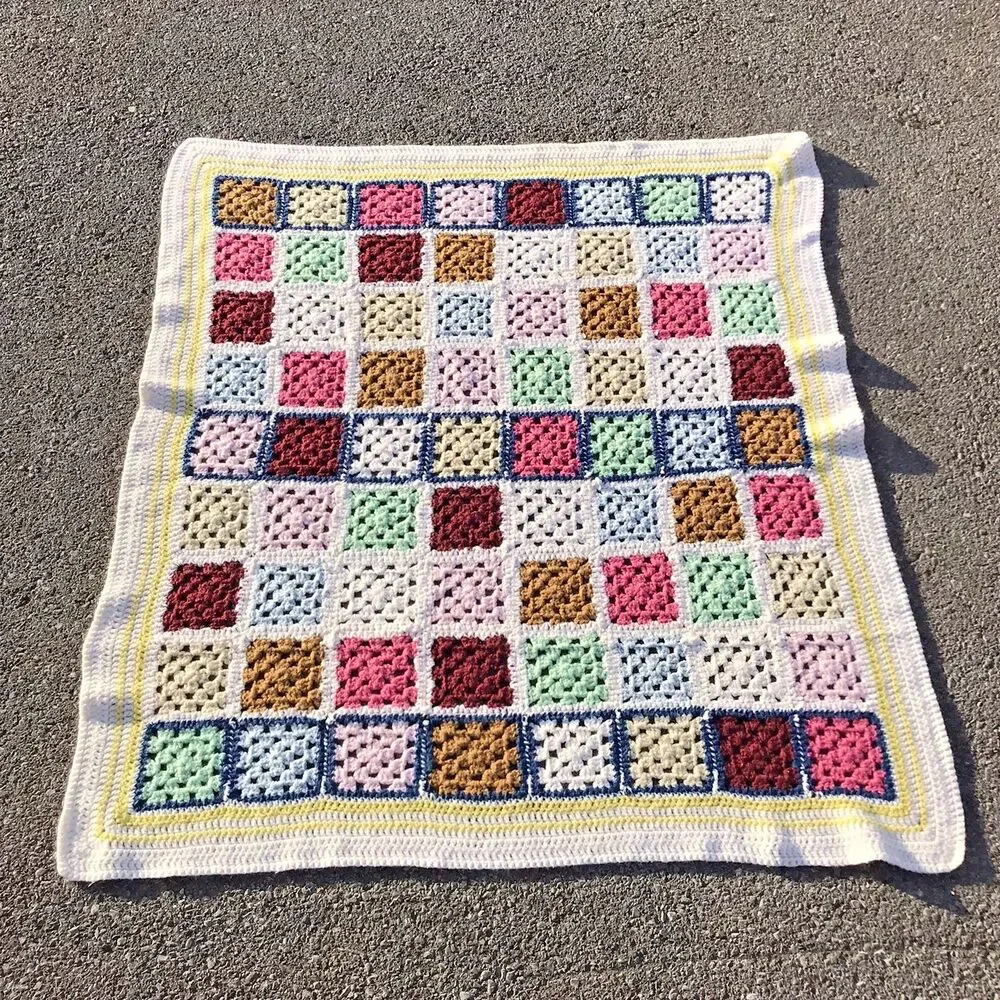 Vintage Granny Square Crochet Knit Afghan Throw Blanket Multicolor Border 4x4 ft - Picture 2 of 11